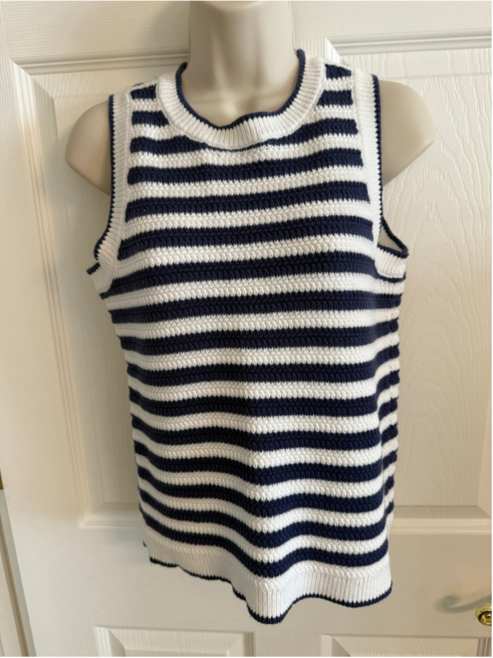 Nine West Navy & White Striped Crochet Knit Sweater Tank Top Size Small